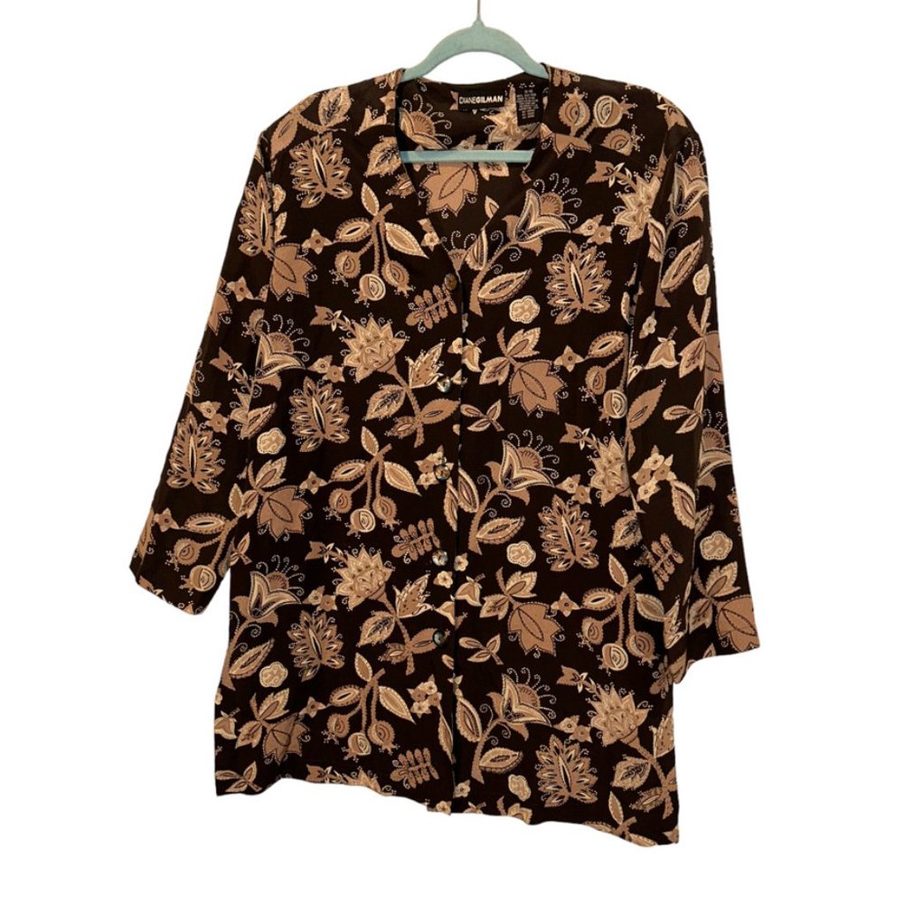 FALL leaves diane gilman 100% silk FLOWERS french brown button down blouse top